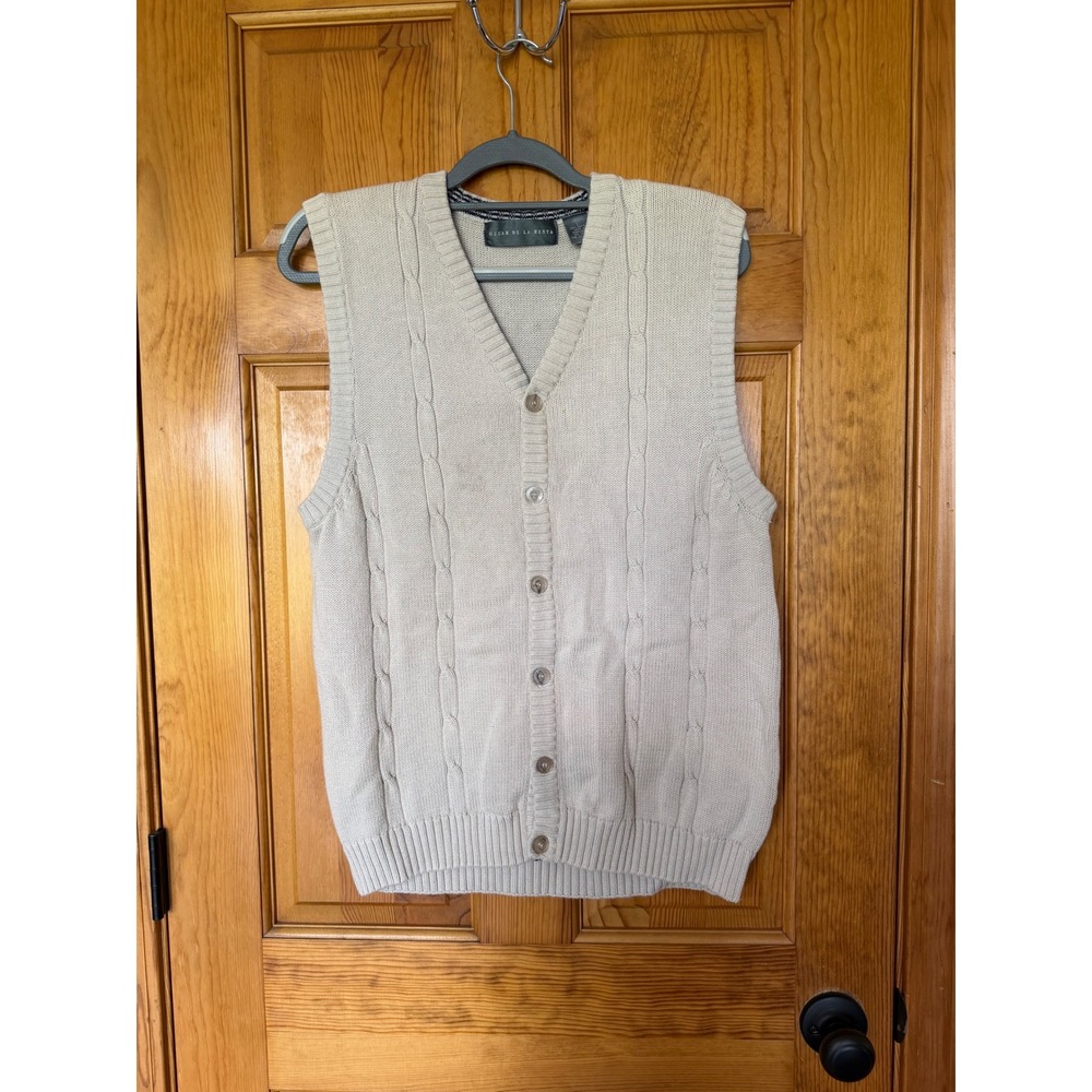 Oscar de la Renta Mens Beige Cable Knit Button Front Cotton Sweater Vest Large
